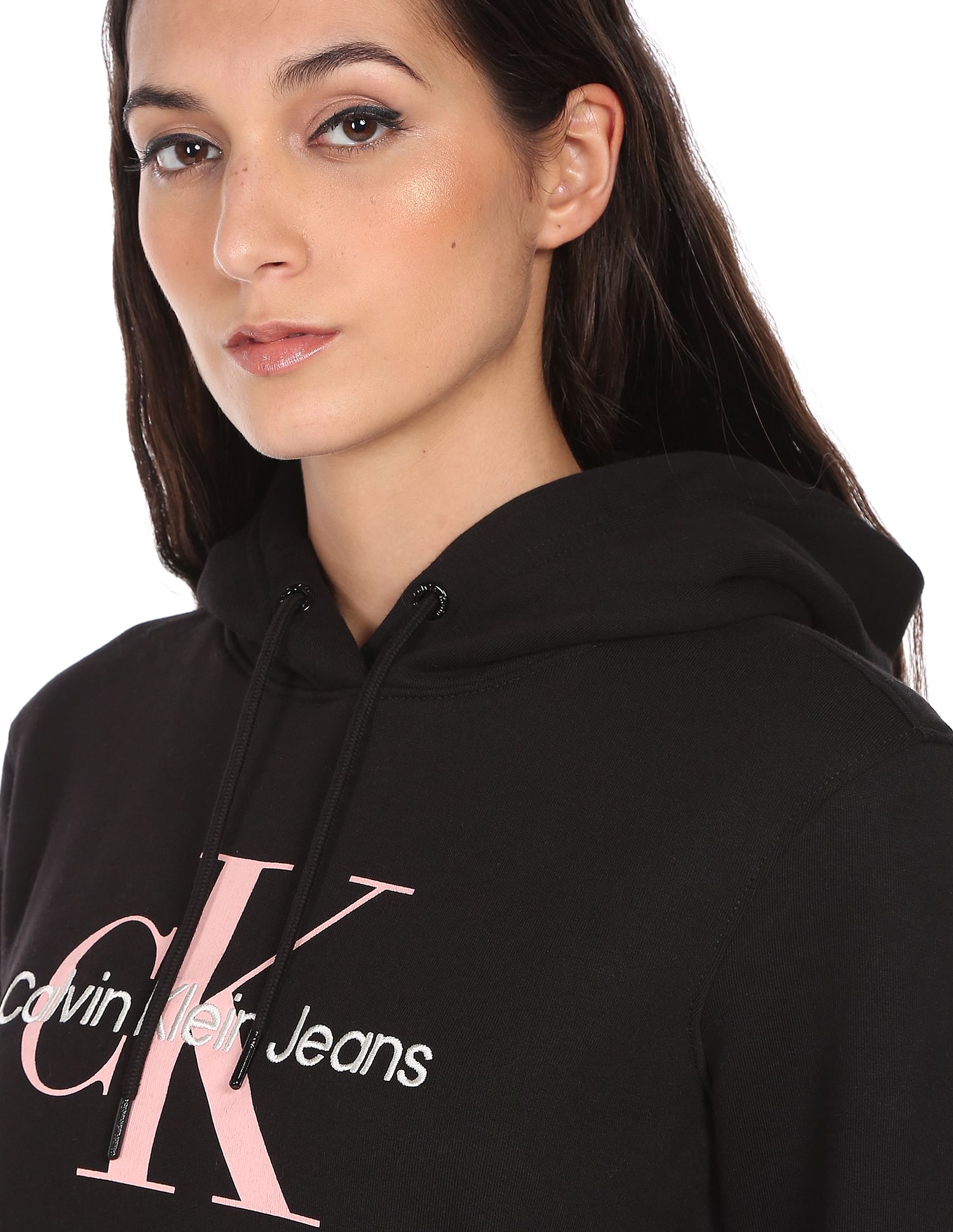 Calvin Klein Women Black Brand Monogram Hooded Sweatshirt