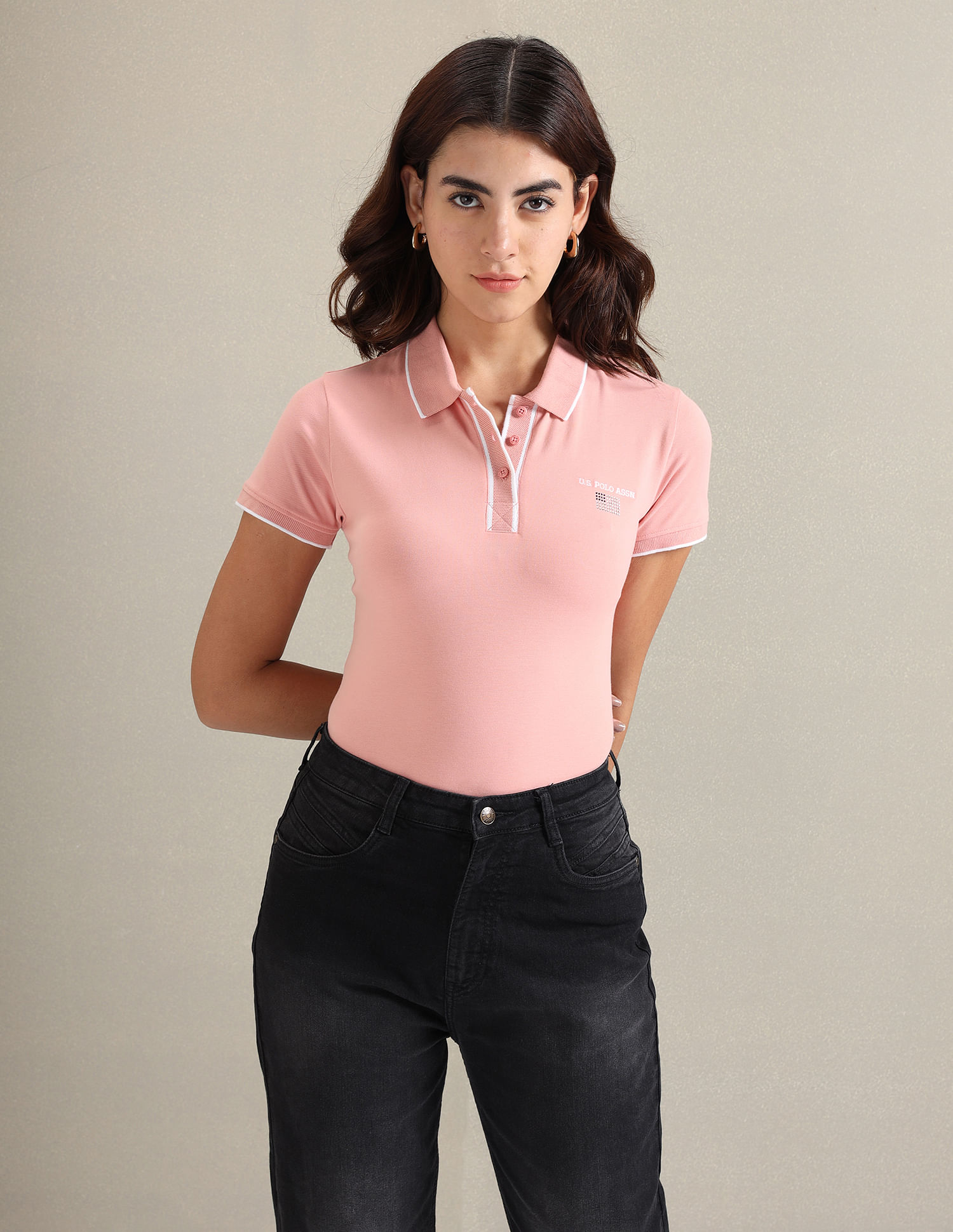 U.S. Polo Assn. Women Tipped Sleeve Hem Pique Polo Shirt