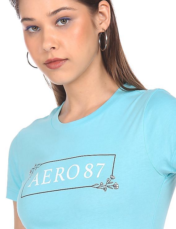 Aeropostale Women Aqua Crew Neck Brand Print T-Shirt