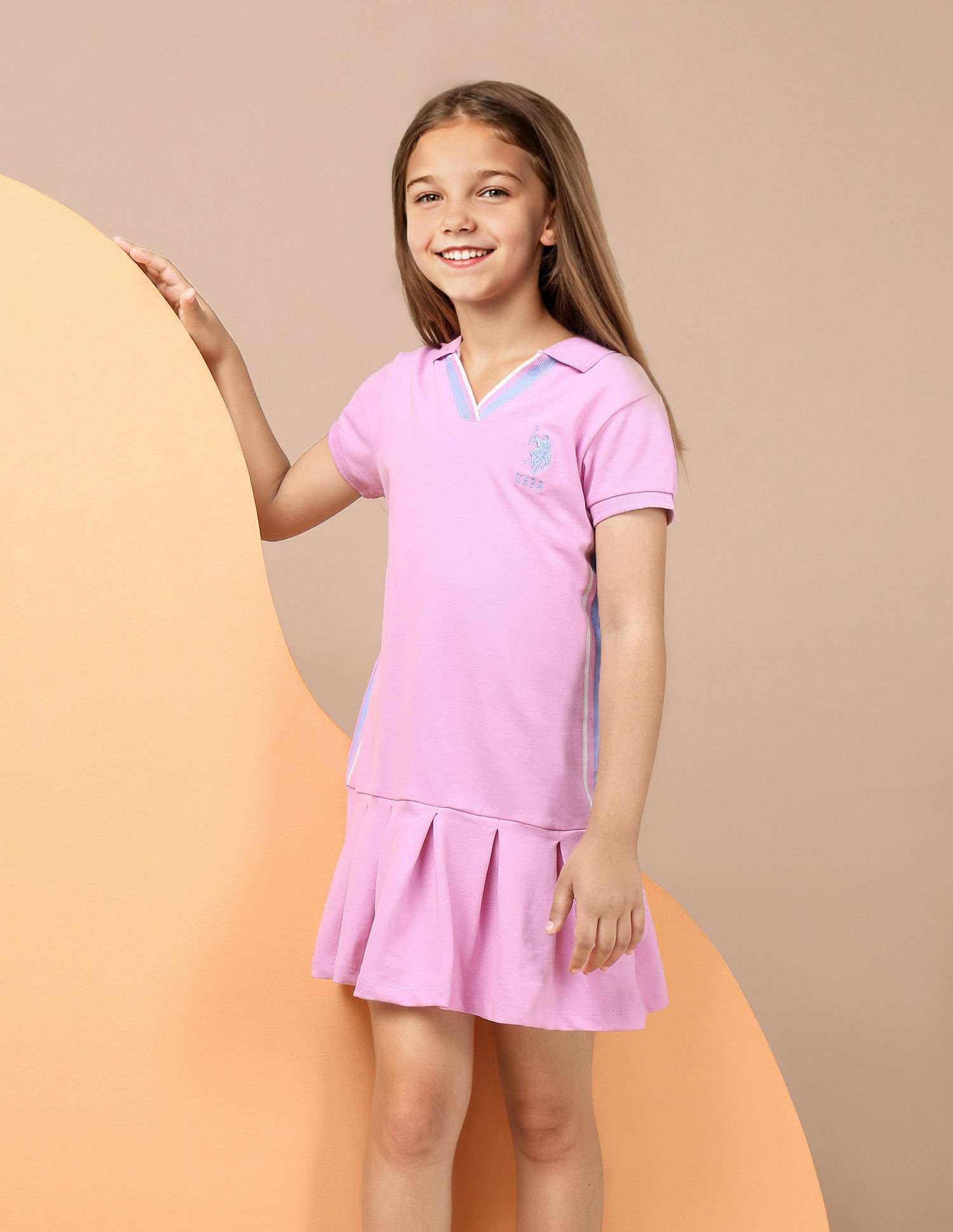 U.S. Polo Assn. Kids Girls Knife Pleat Cotton Dress