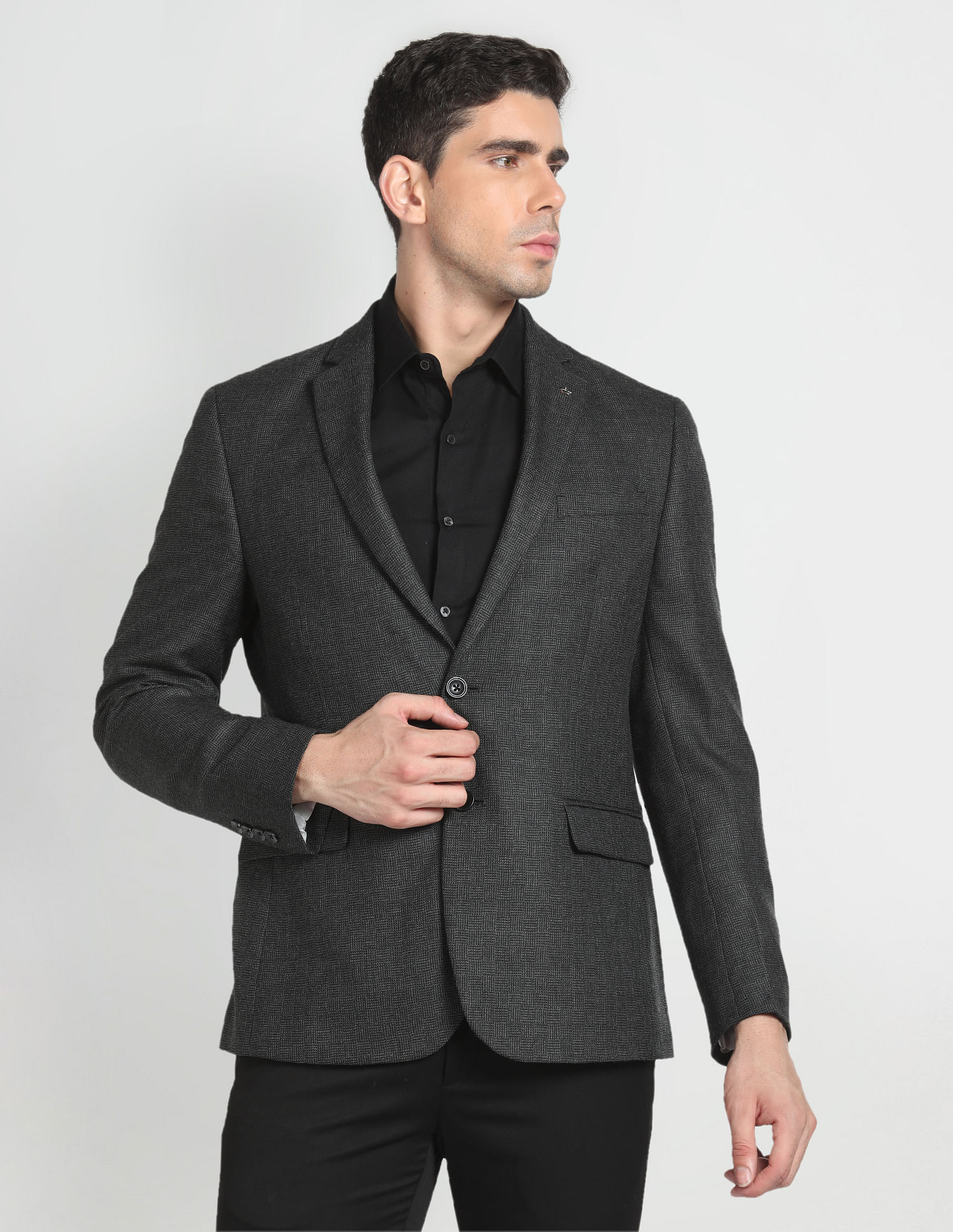 Arrow Notch Lapel Collar Patterned Knit Blazer