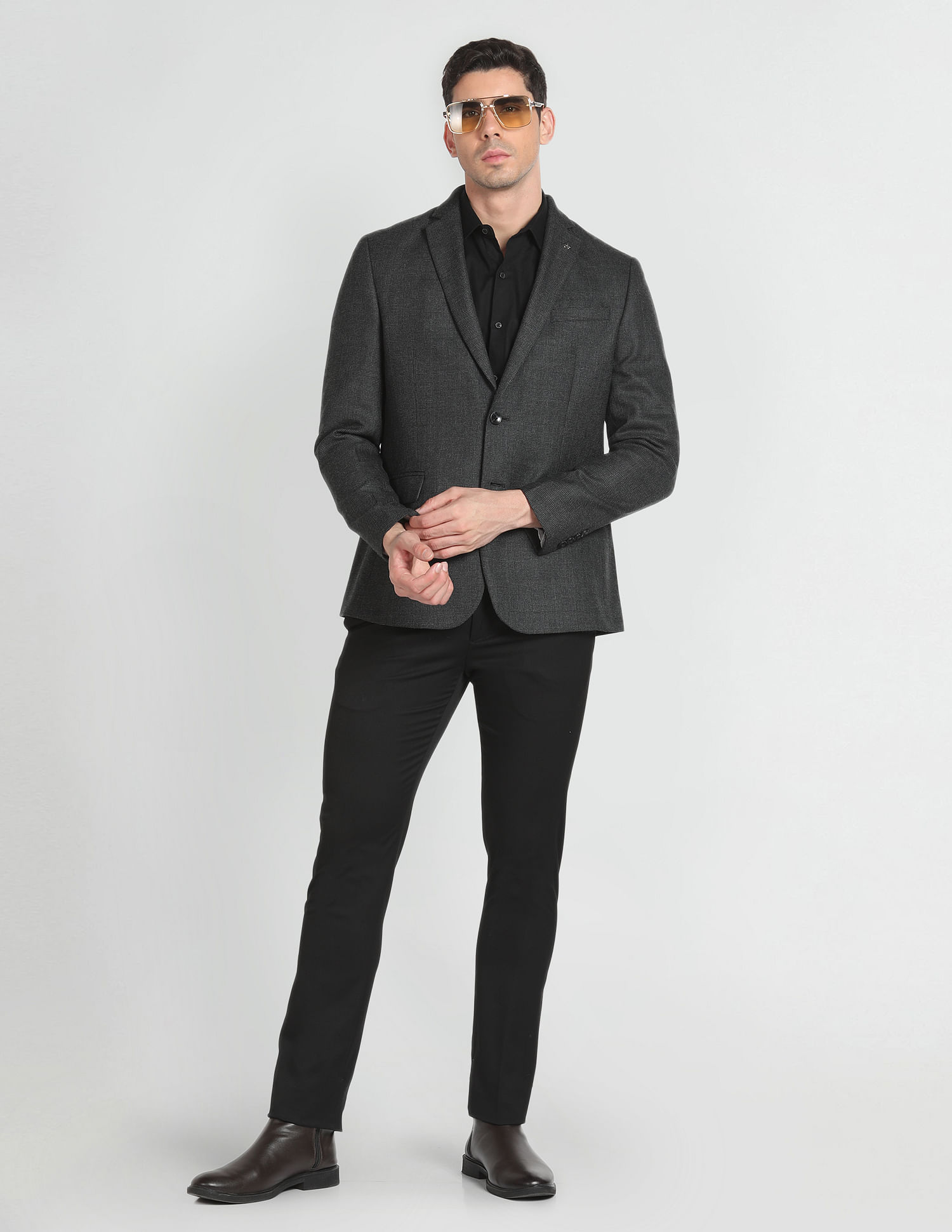 Arrow Notch Lapel Collar Patterned Knit Blazer