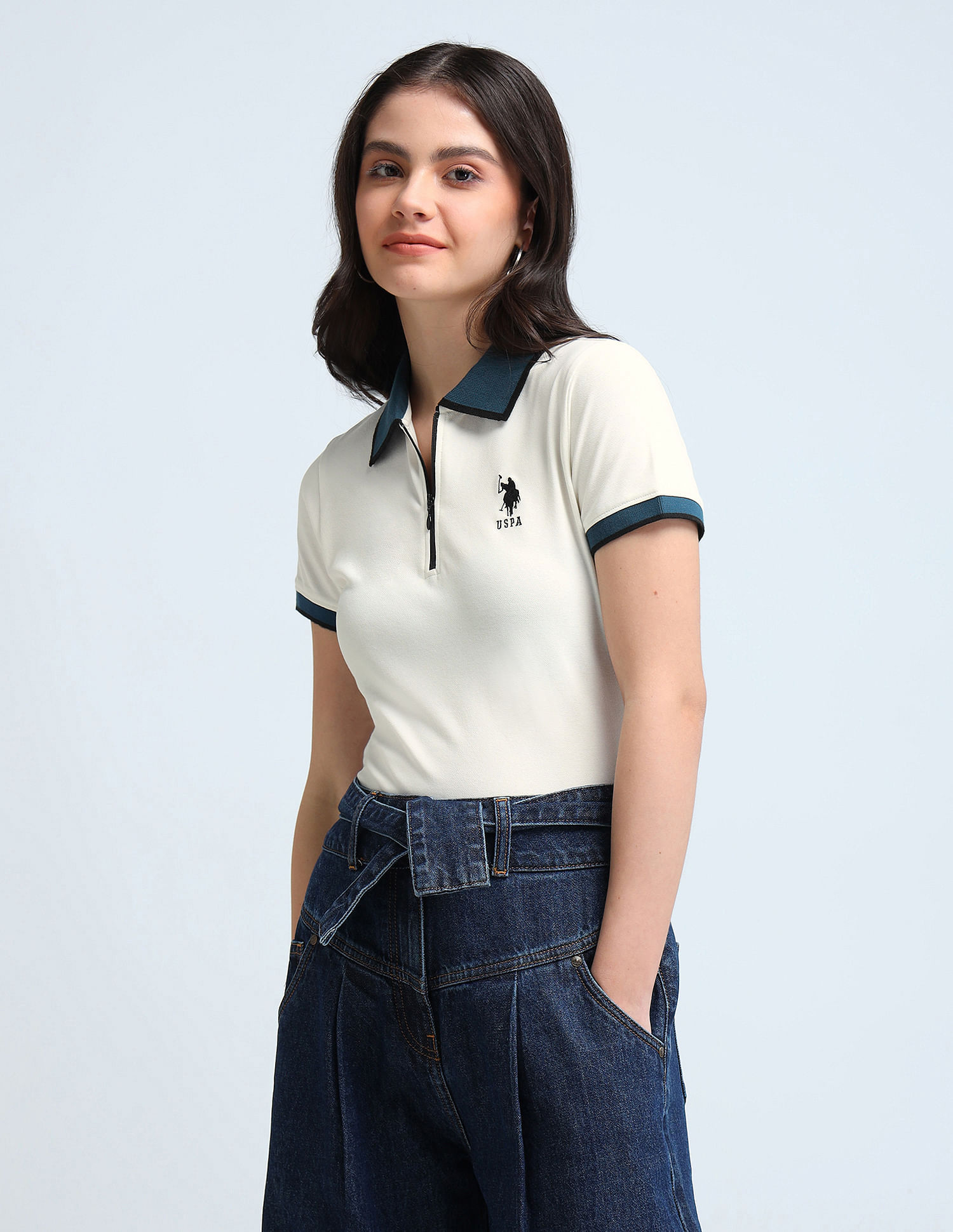 U.S. Polo Assn. Women Contrast Collar Zipper Polo Shirt