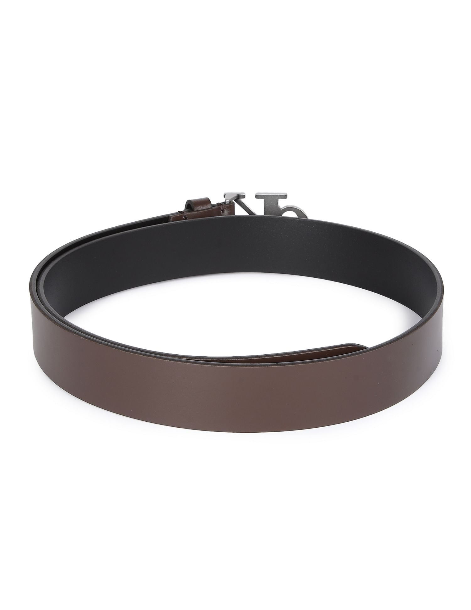 Calvin Klein Jeans Men Brown Monogram Buckle Solid Leather Belt