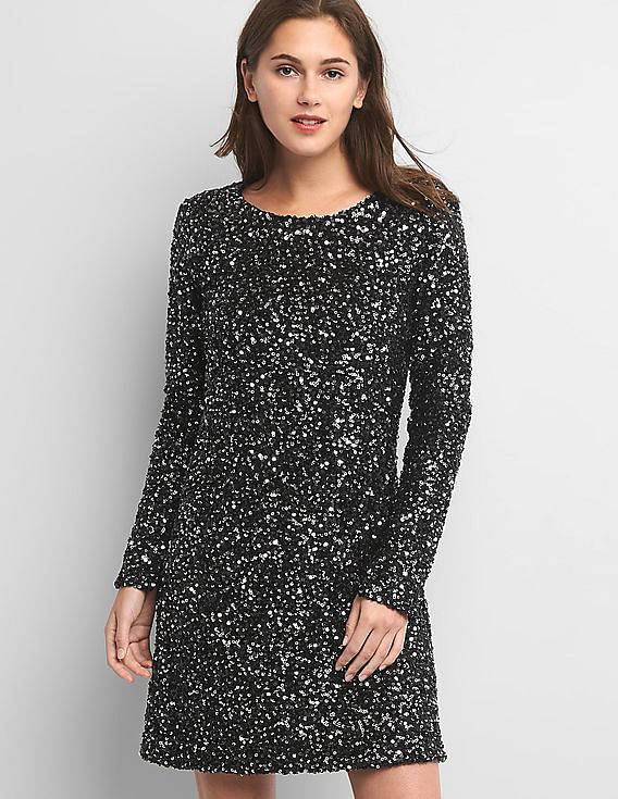 Buy GAP Women Women Black Long Sleeve Sequin Swing Dress