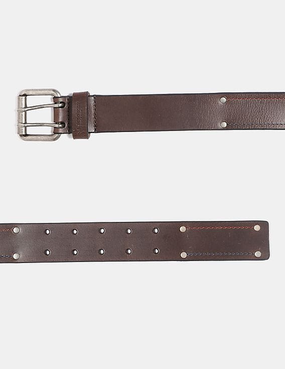 Men Brown Metallic Buckle Studded Belt 