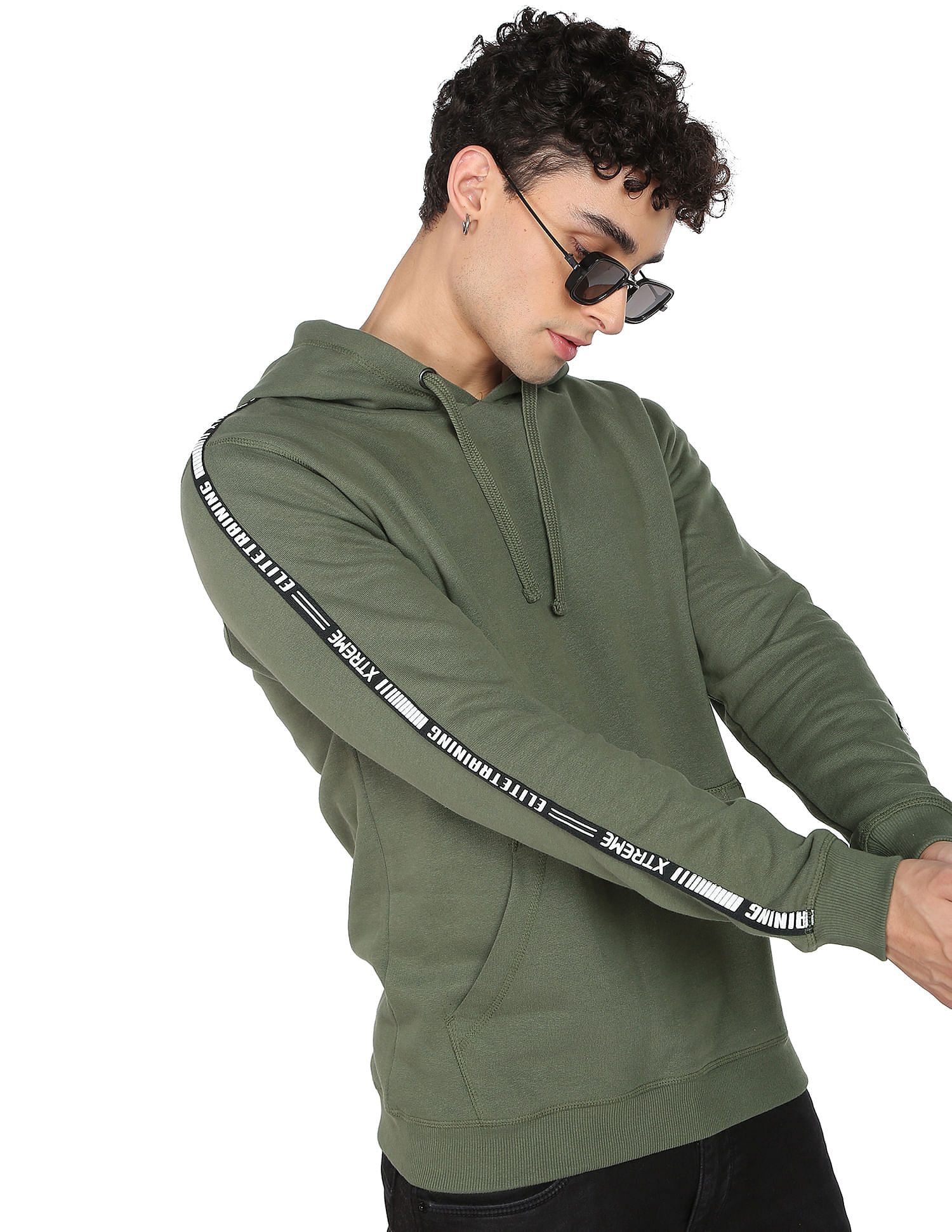 Flying Machine Brand Tape Solid Hooded Sweatshirt