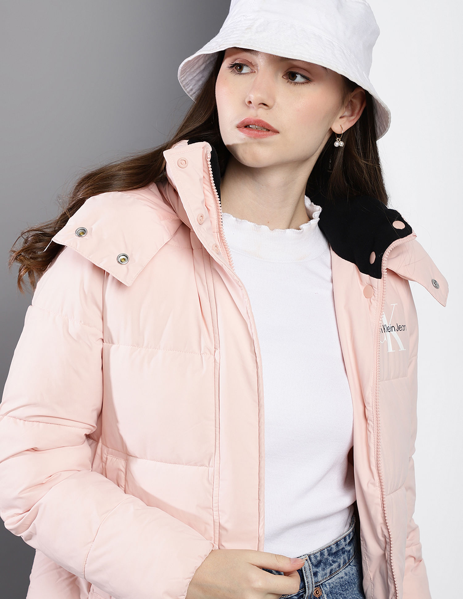 Buy Calvin Klein Women Pink High Neck Logo Puffer Jacket 