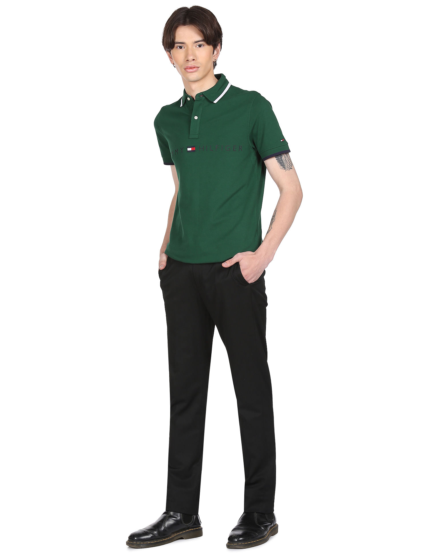 Buy Tommy Hilfiger Men Dark Green Tipped Collar Logo Polo Shirt 