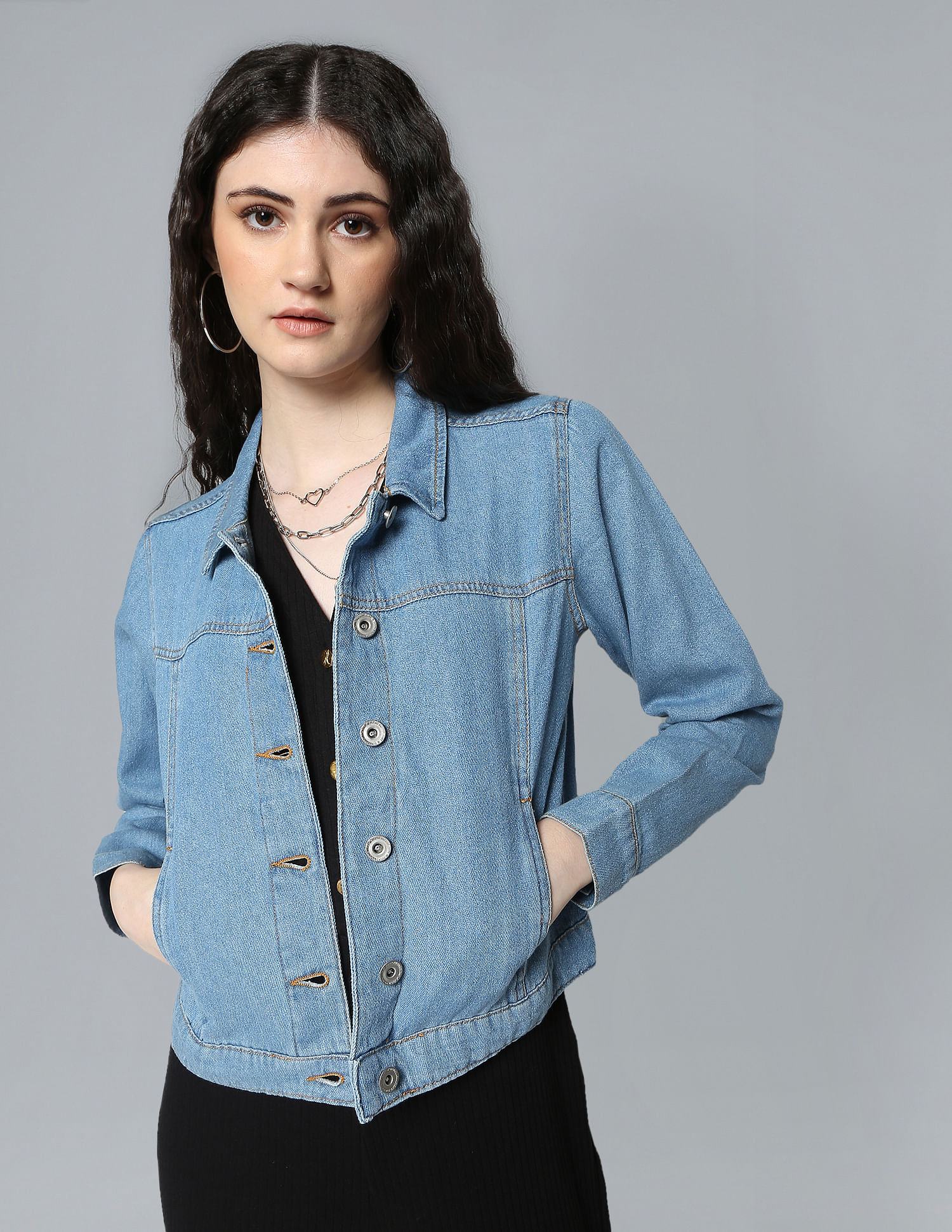 Allegra K Women's Button Down Collarless Long Sleeve Jean Jackets Blue  Medium : Target
