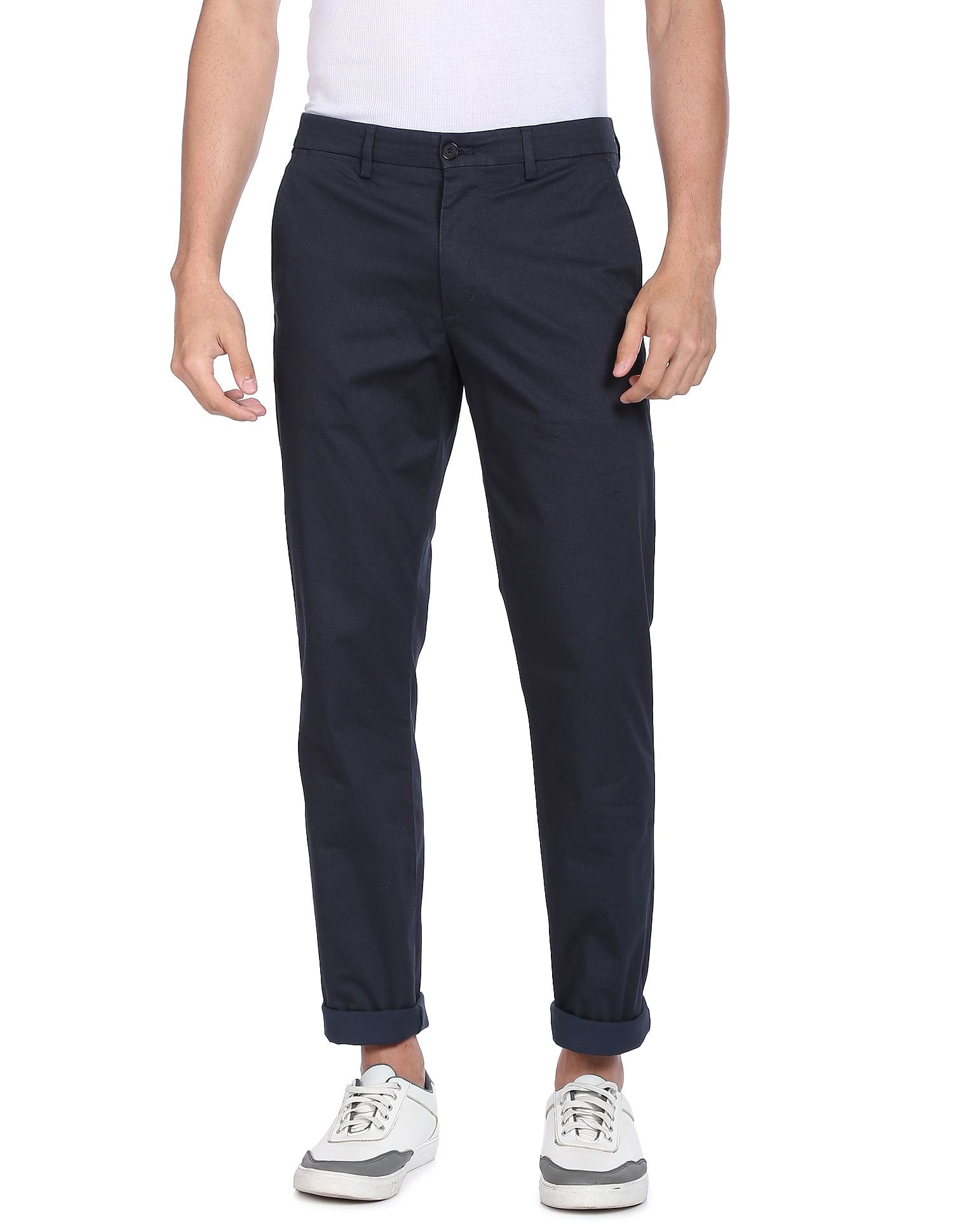 Tommy Hilfiger Men Navy Micro Check Denton Straight Fit Casual Trousers