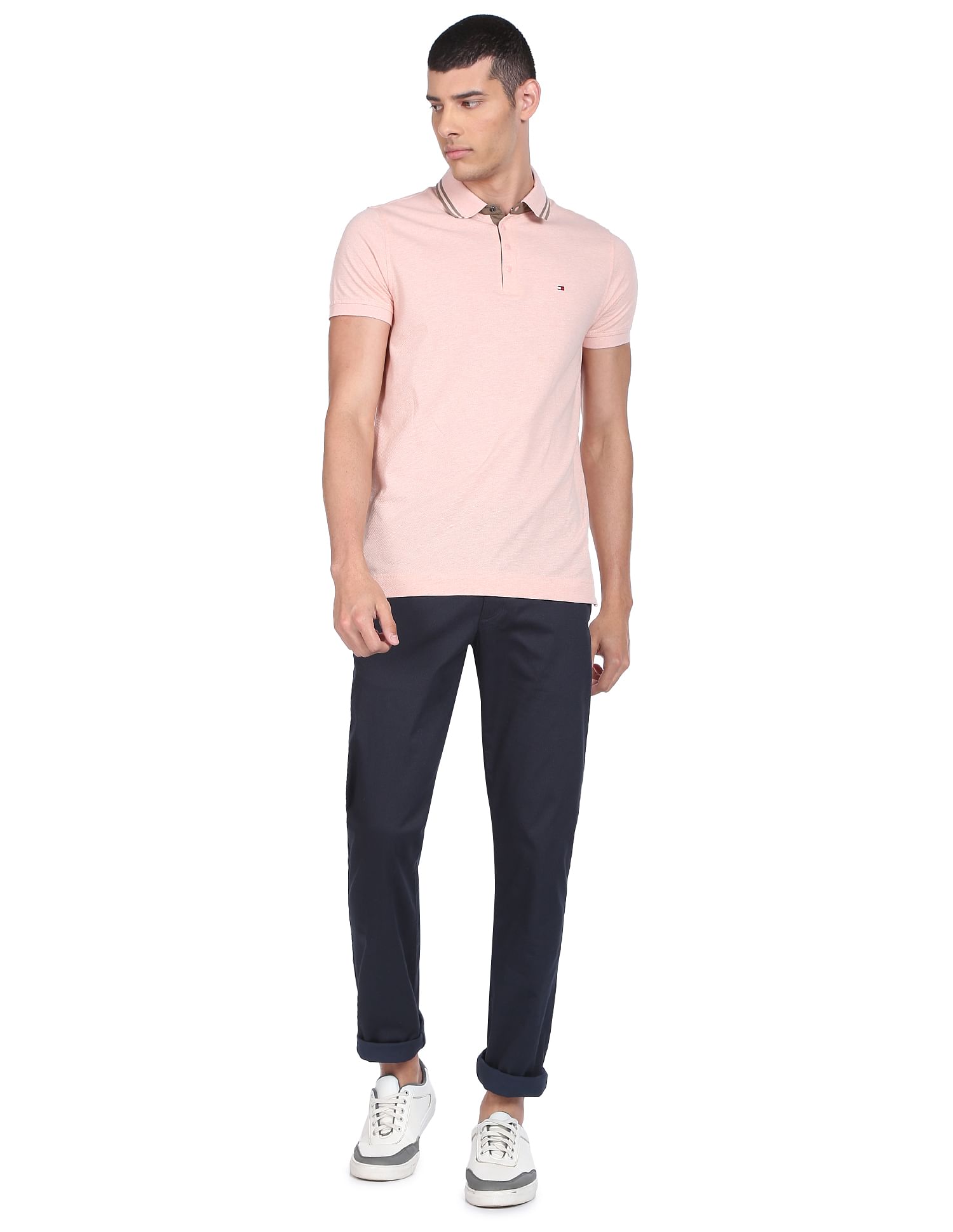 Tommy Hilfiger Men Navy Micro Check Denton Straight Fit Casual Trousers