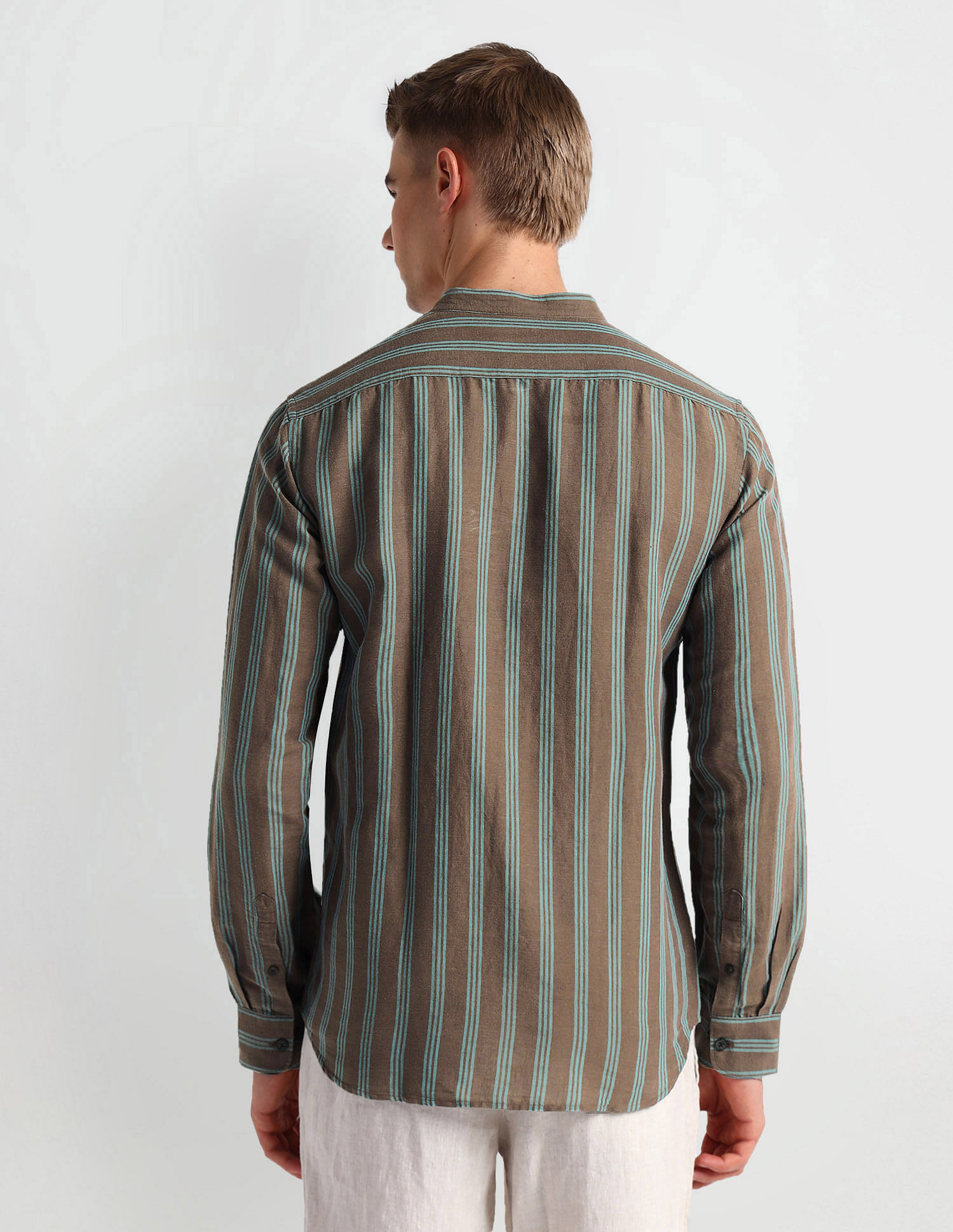 Arrow Sports Mandarin Collar Vertical Stripe Shirt