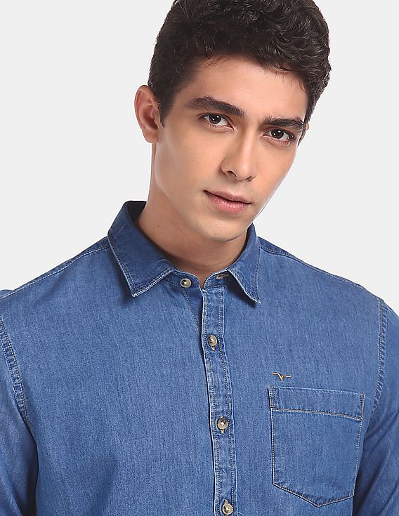 Flying Machine Spread Collar Washed Denim Shirt