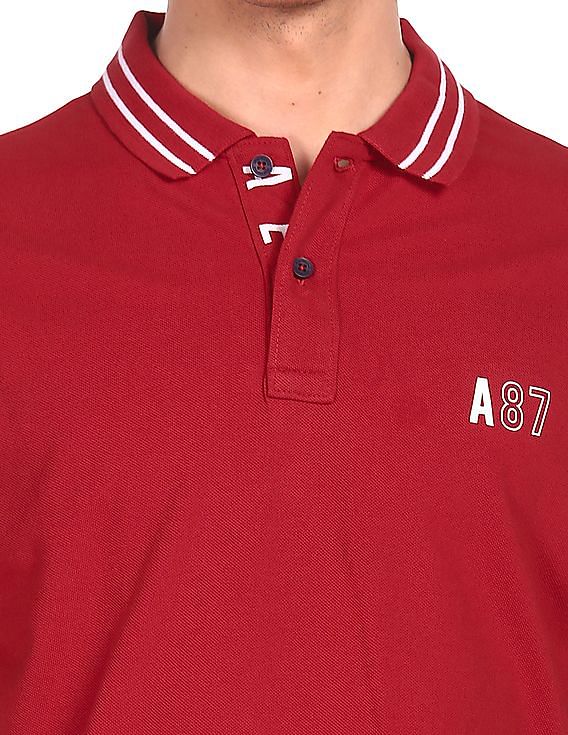 Aeropostale Men Red Cotton Solid Polo Shirt