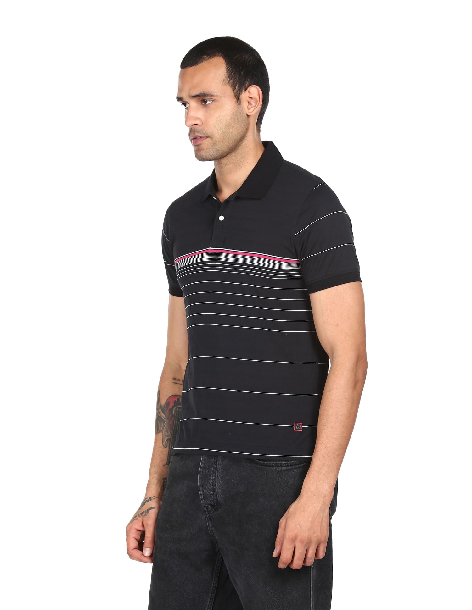 AD by Arvind Cotton Horizontal Striped Polo Shirt