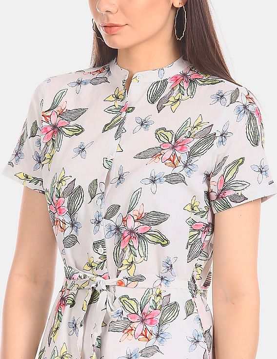 U.S. Polo Assn. Women White Mandarin Neck Floral Print Shirt Dress