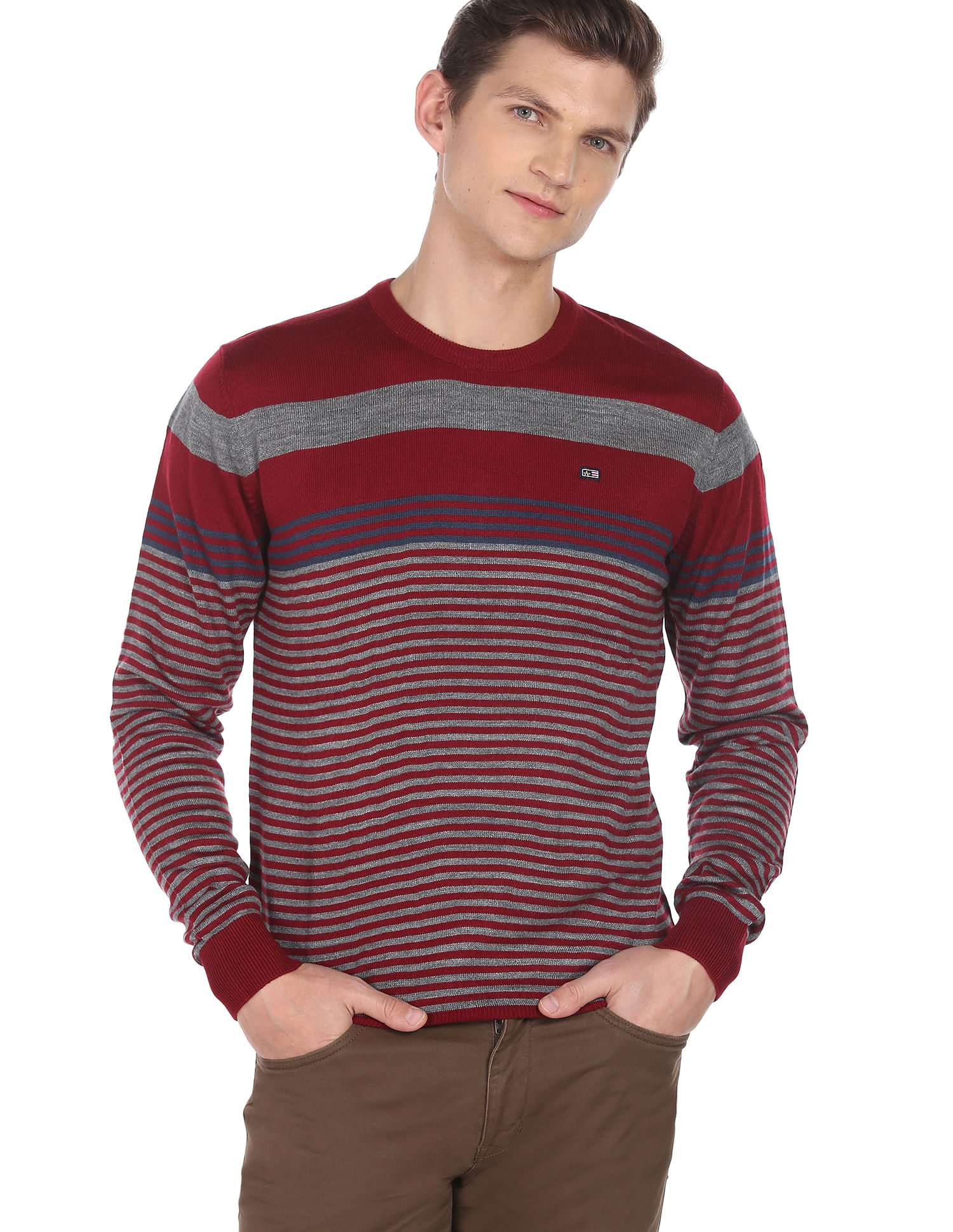 Buy Arrow Sports Men Red Horizontal Stripe Acrylic Sweater NNNOW