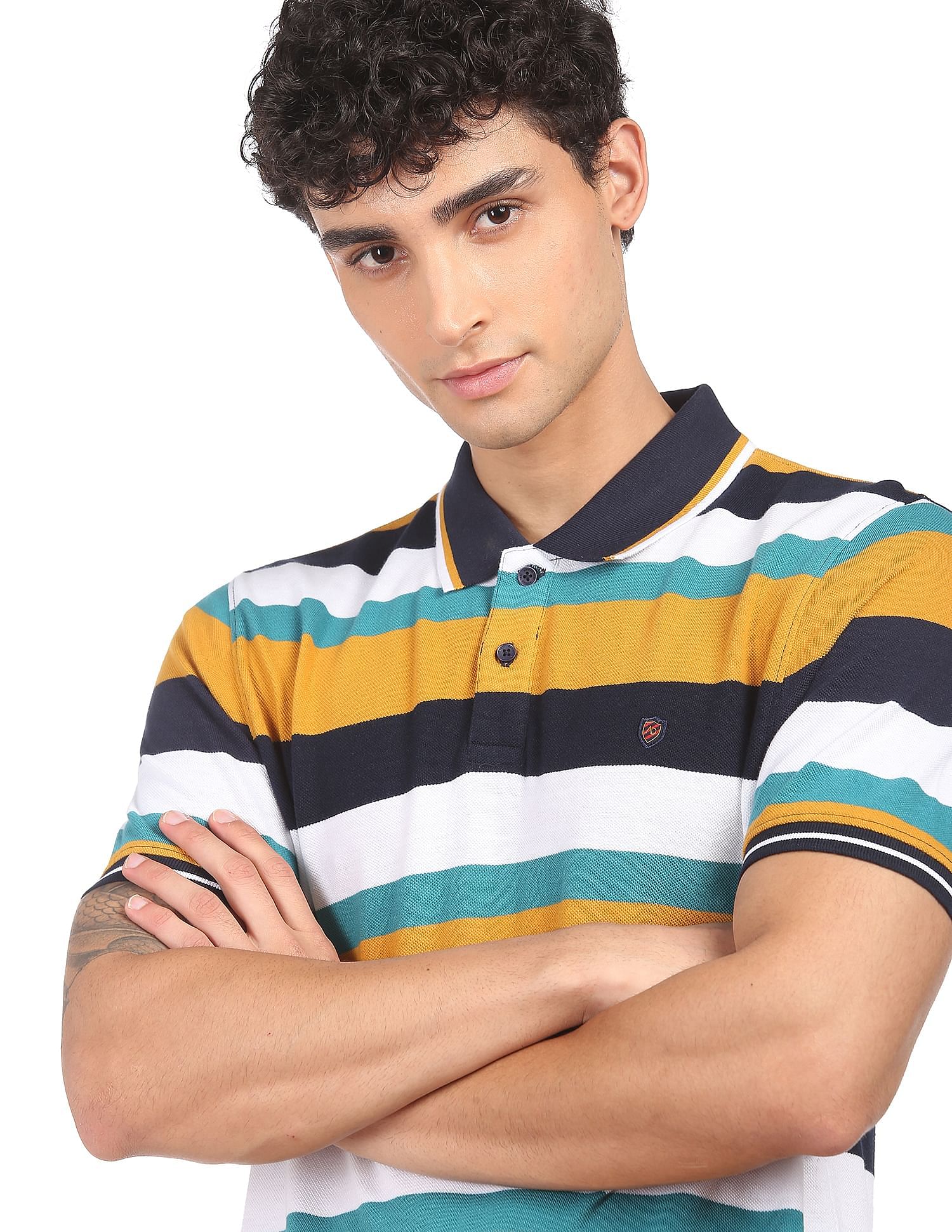 AD by Arvind Cotton Horizontal Striped Polo Shirt