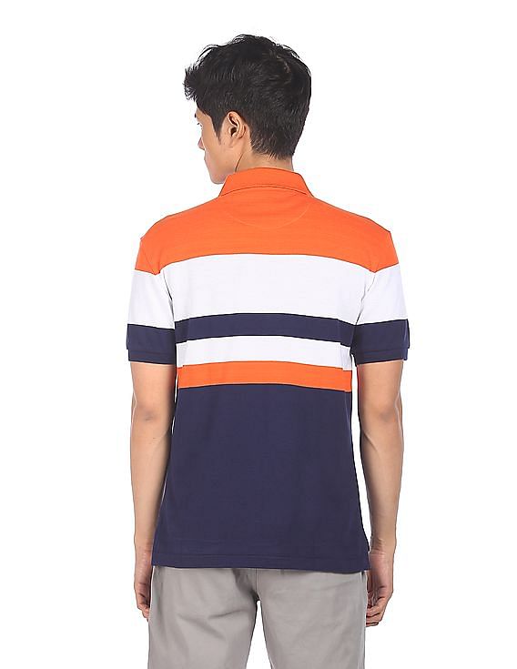 U.S. Polo Assn. Men Orange And Navy Striped Short Sleeve Polo Shirt