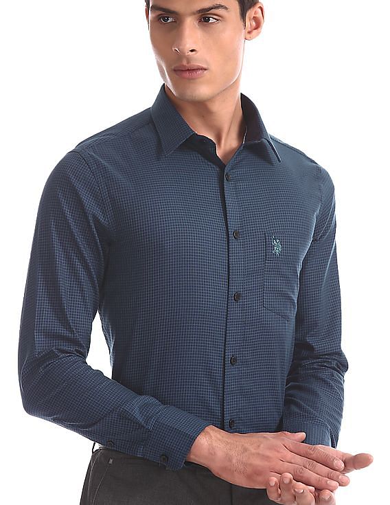 USPA Tailored Blue Tailored Regular Fit Checked Shirt