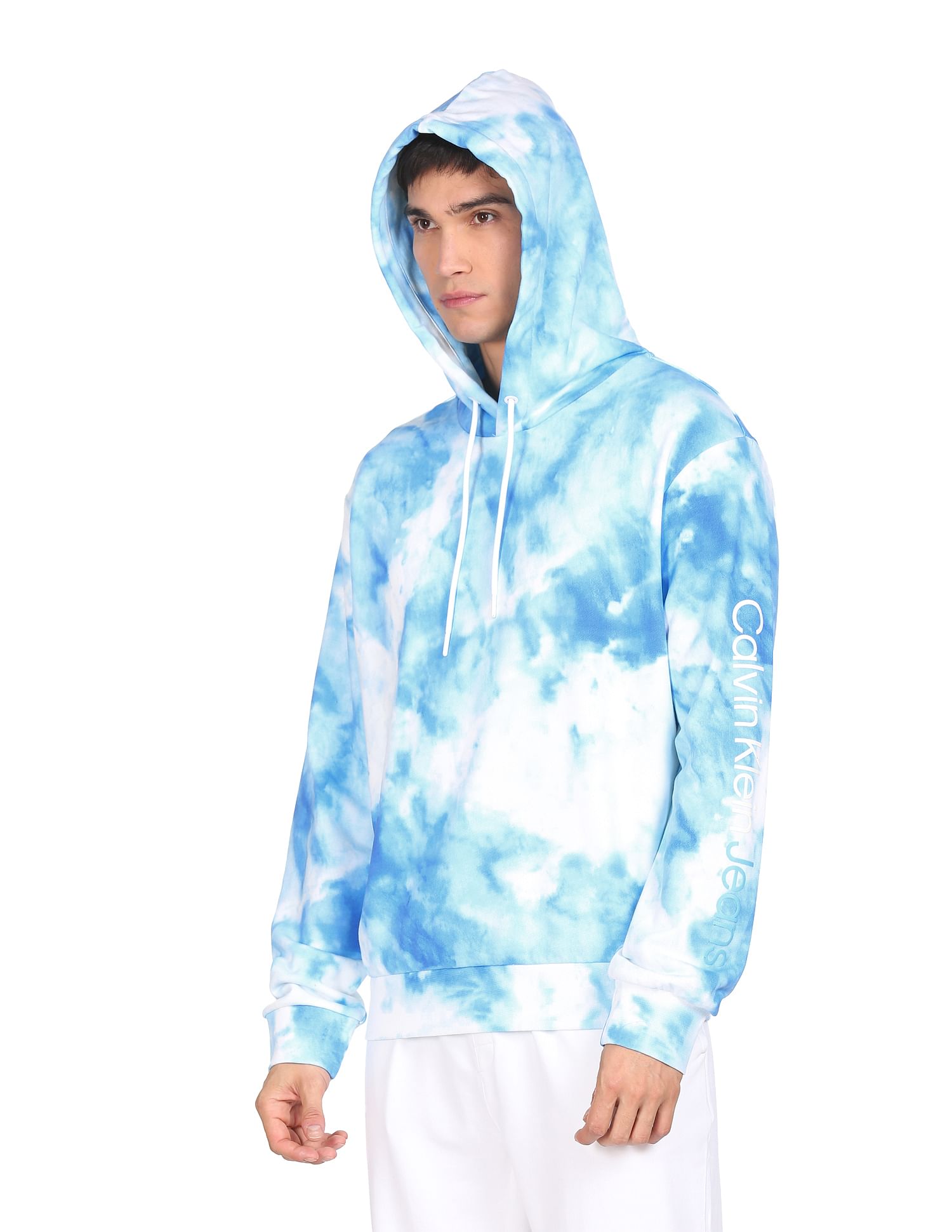 Calvin Klein Jeans Men White And Blue Tie Dye Logo Print Hoodie