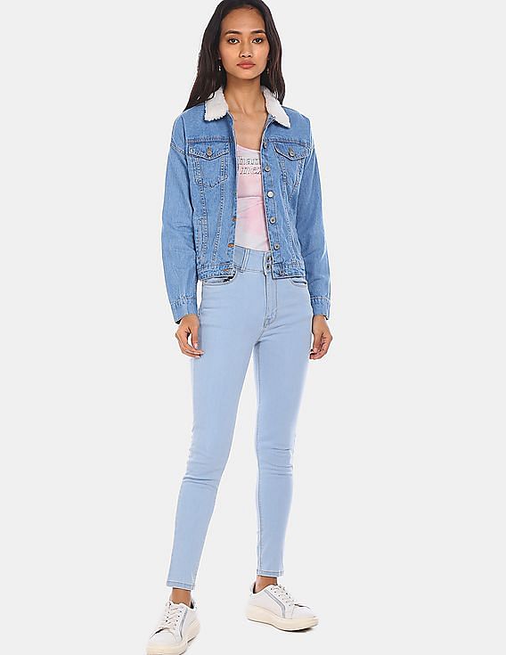Buy Washed ZipFront Cropped Denim Jacket Online at Best Prices in India   JioMart