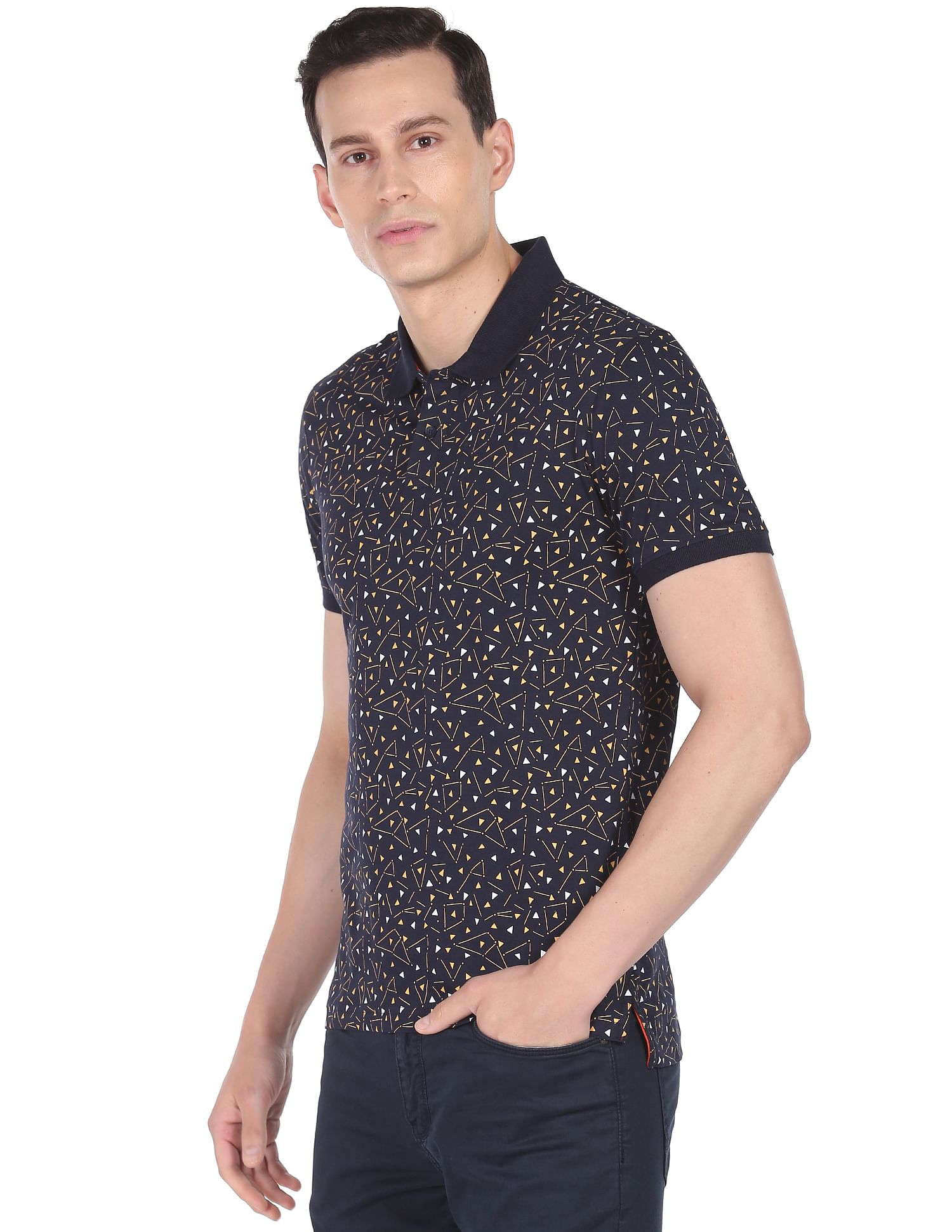 AD by Arvind Geometric Print Cotton Polo Shirt