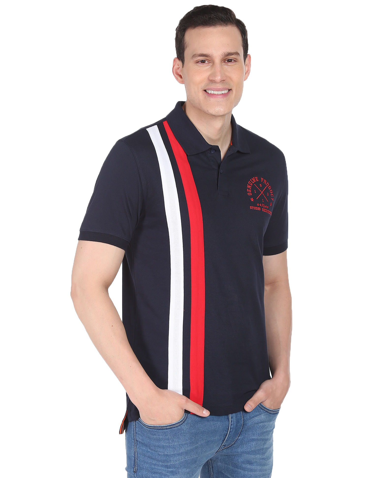 AD by Arvind Cotton Modern Fit Striped Polo Shirt