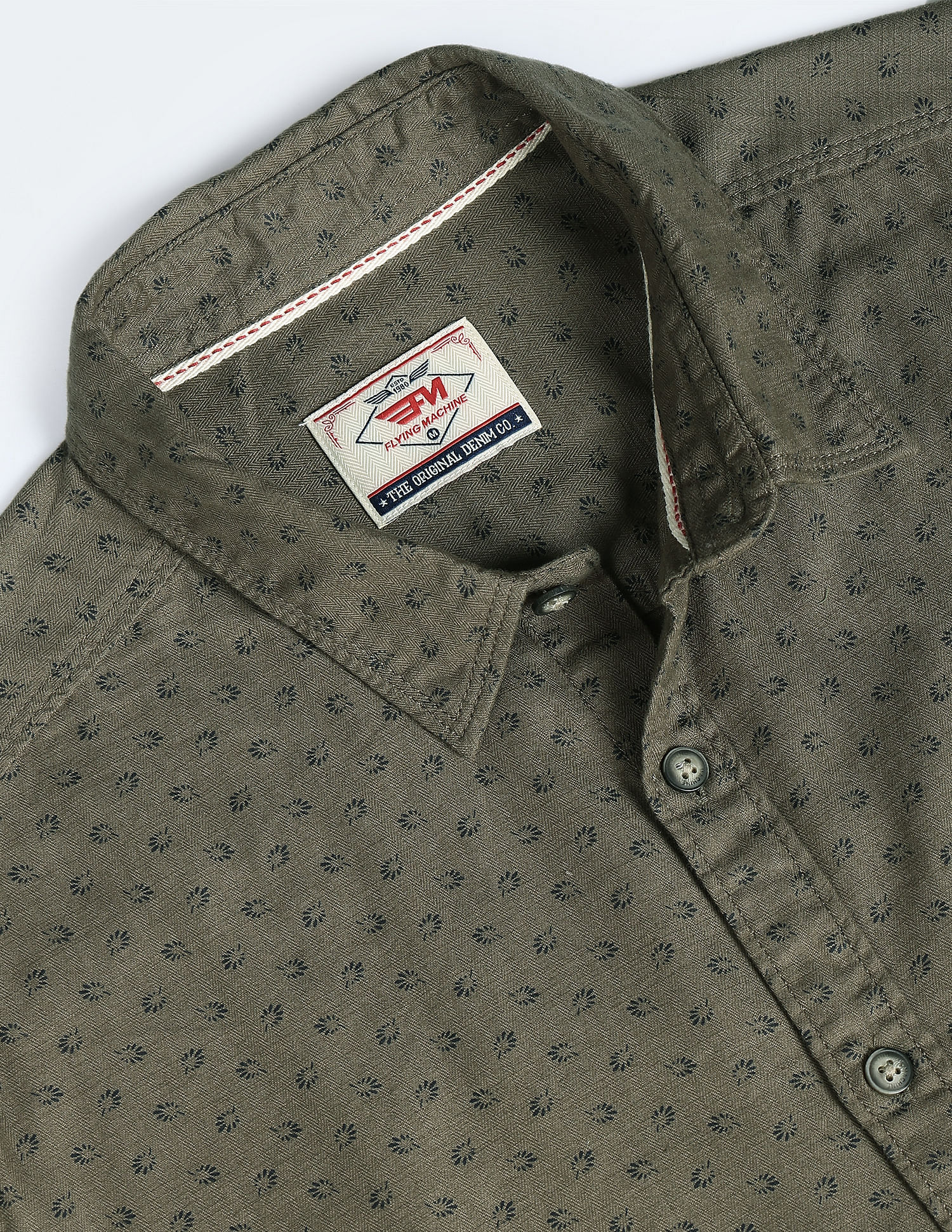 Flying Machine Geometric Print Herringbone Weave Shirt