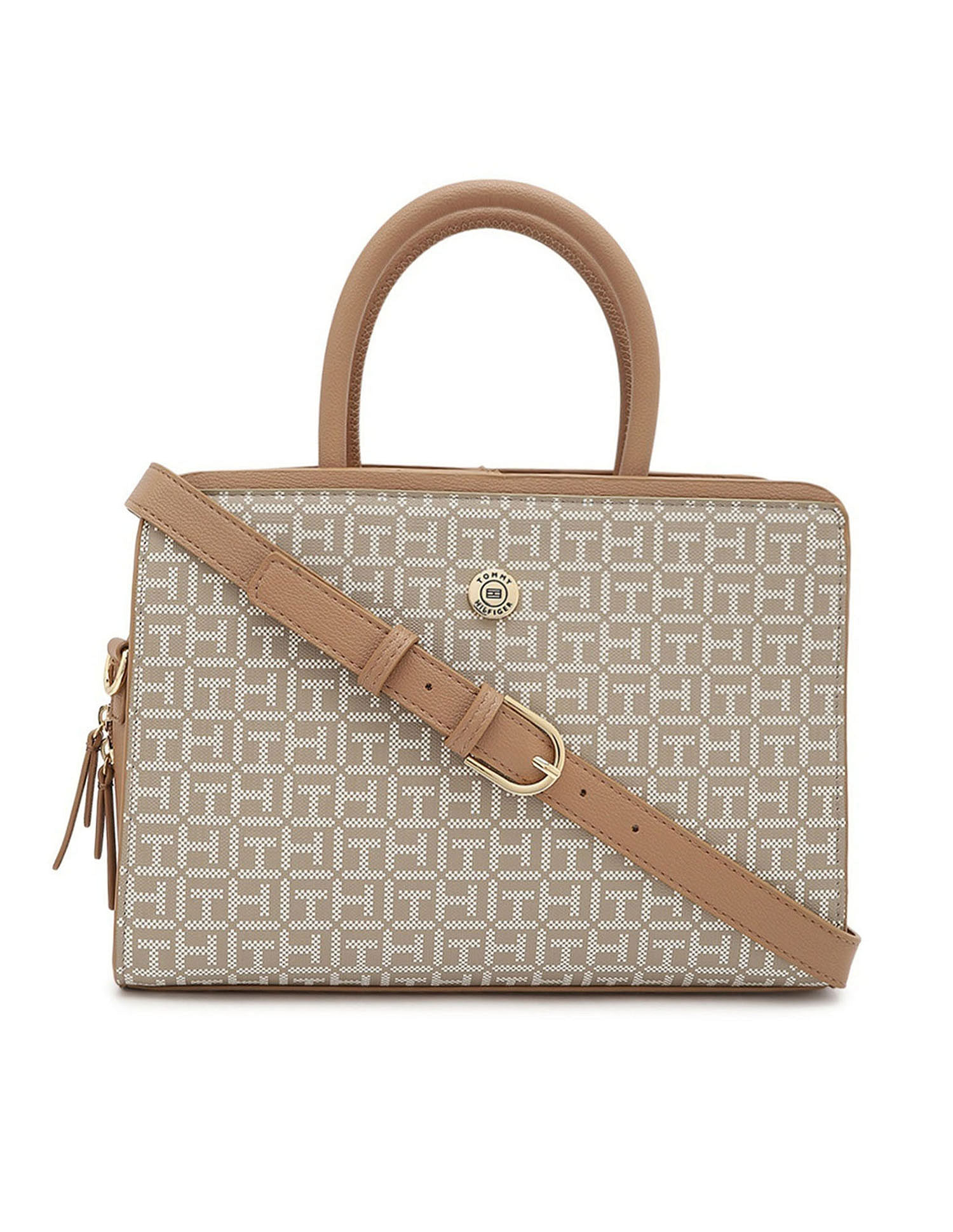 Tommy Hilfiger Printed Beige PVC Hand Bag