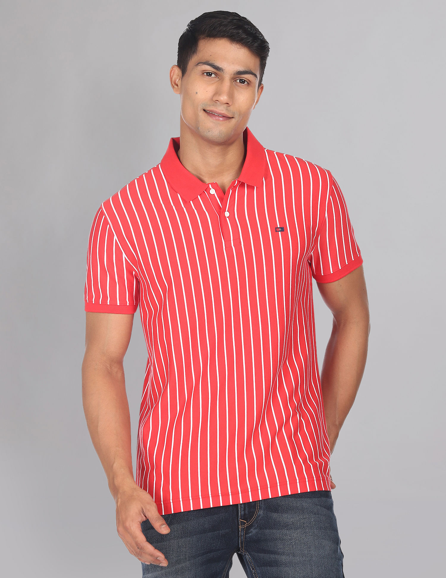 AD by Arvind Vertical Stripe Cotton Polo Shirt