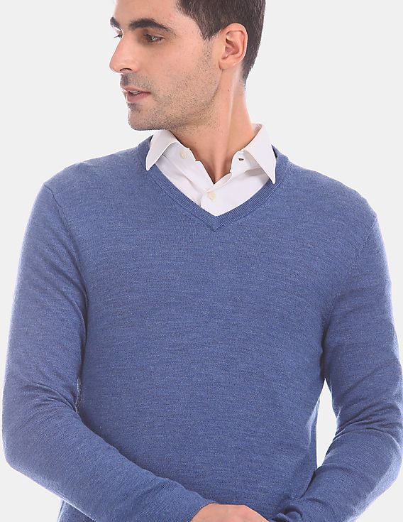 Buy Calvin Klein Men Blue V-Neck Long Sleeve Wool Sweater