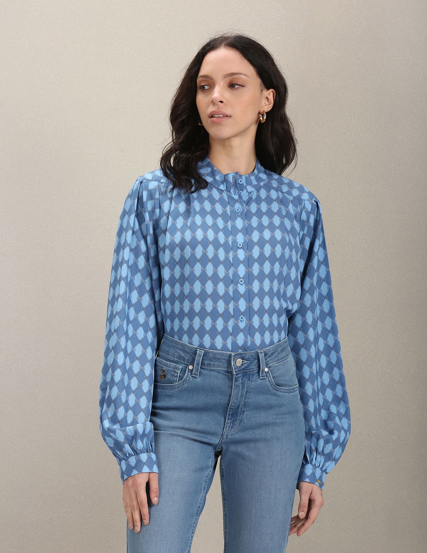 U.S. Polo Assn. Women Mock Neck Graphic Print Shirt