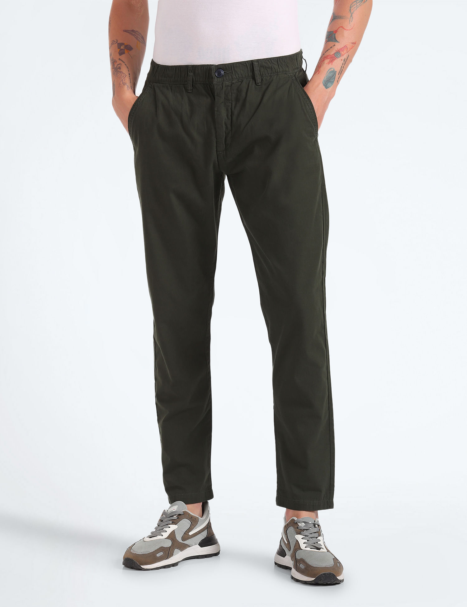 Flying Machine Elasticised Waist Solid Trousers