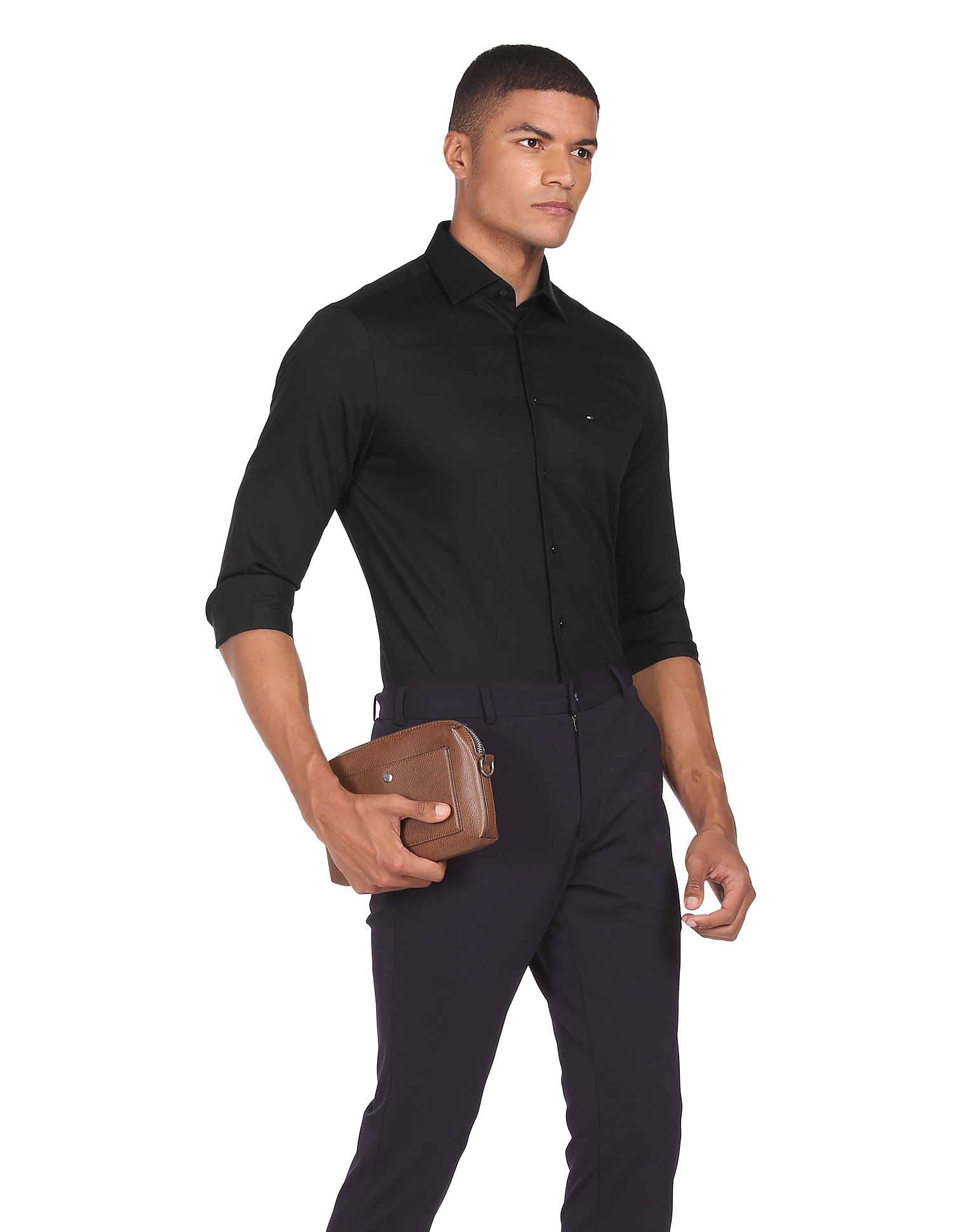 Tommy Hilfiger Men Black Dobby Weave Cotton Formal Shirt
