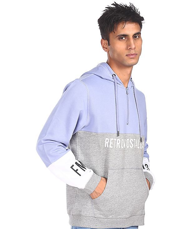 Buy Flying Machine Men Grey Colour Blocked Hooded Sweatshirt