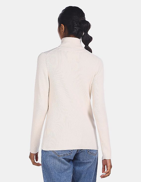 Calvin Klein Women White Striped High Neck Sweater