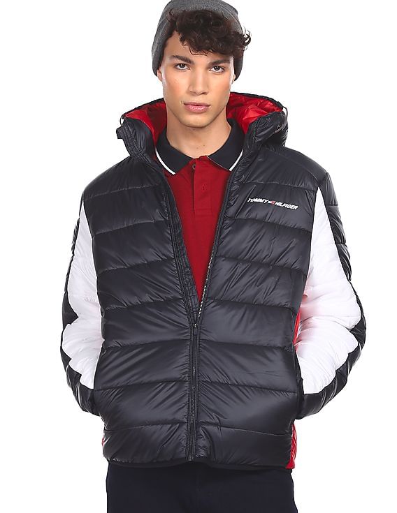 Buy Tommy Hilfiger Men Navy Drawstring Hood Colour Block Puffer