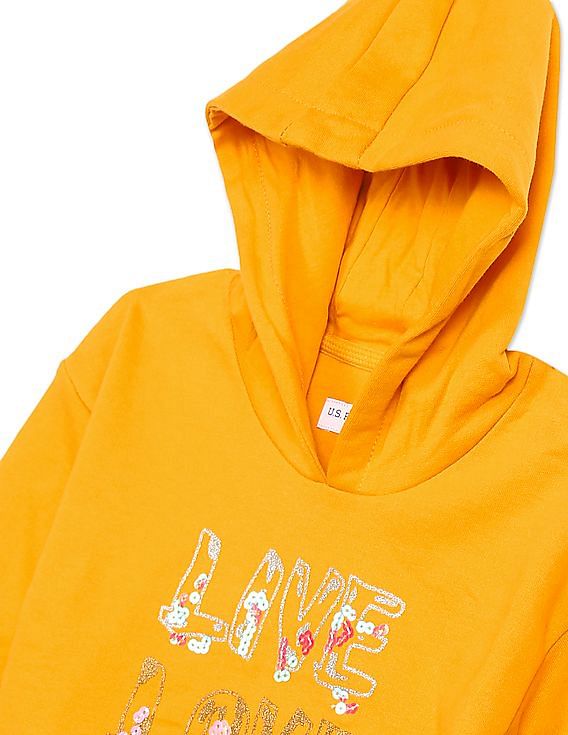 U.S. Polo Assn. Kids Girls Orange Long Sleeve Graphic Print Hooded Sweatshirt