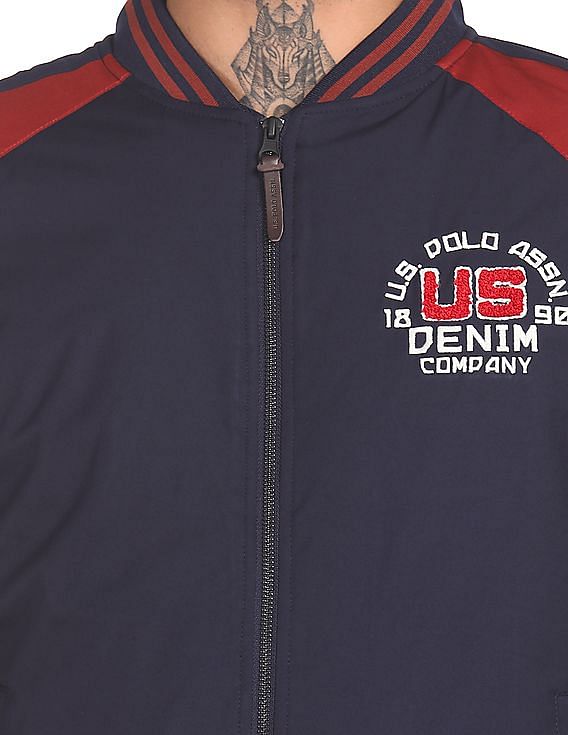 U.S. Polo Assn. Denim Co. Men Navy Stand Collar Colour Block Bomber Jacket