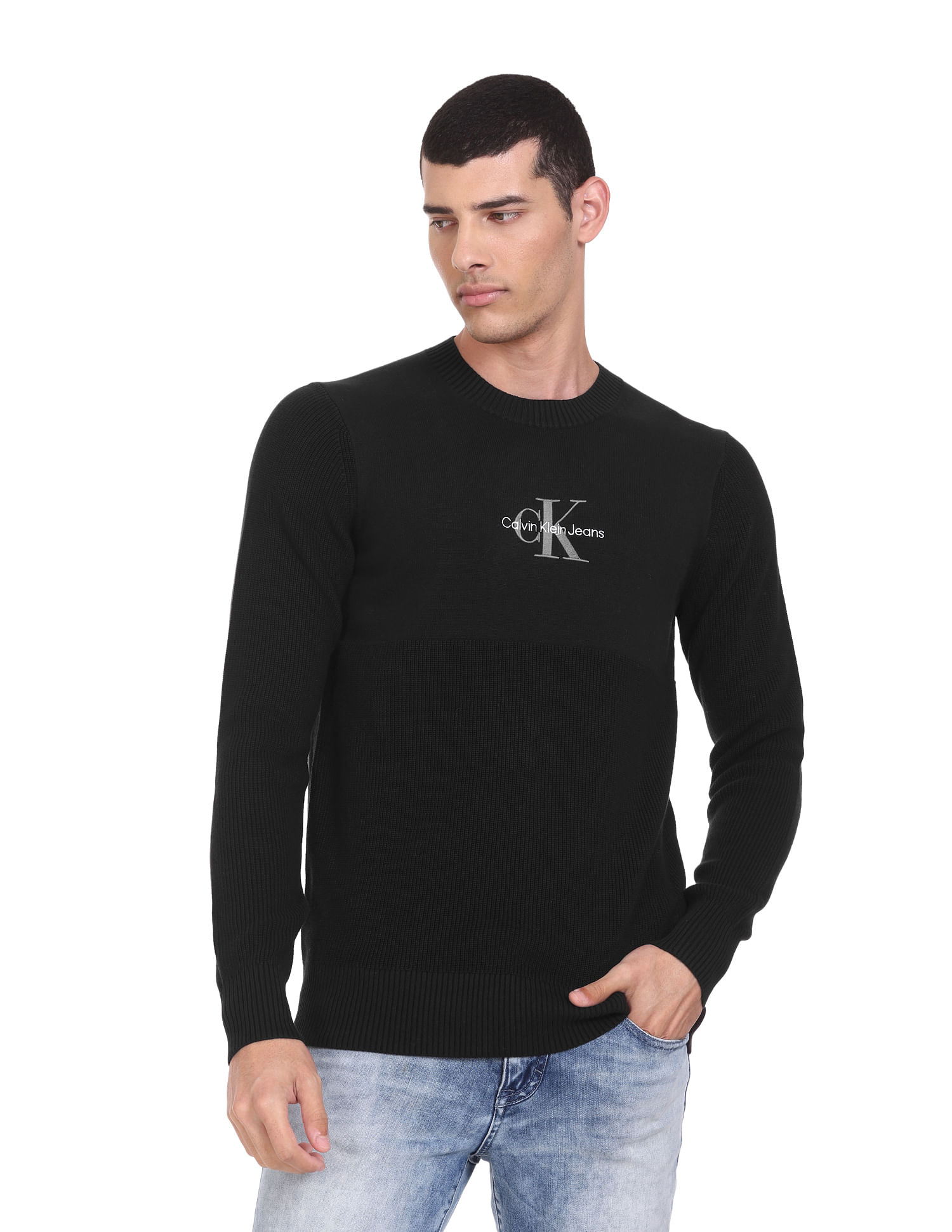 Calvin Klein Men Black Crew Neck Solid Long Sleeve Sweater