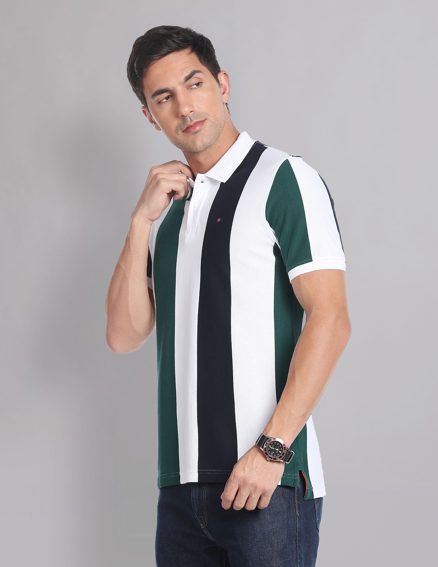 Green and white 2025 vertical striped polo shirt