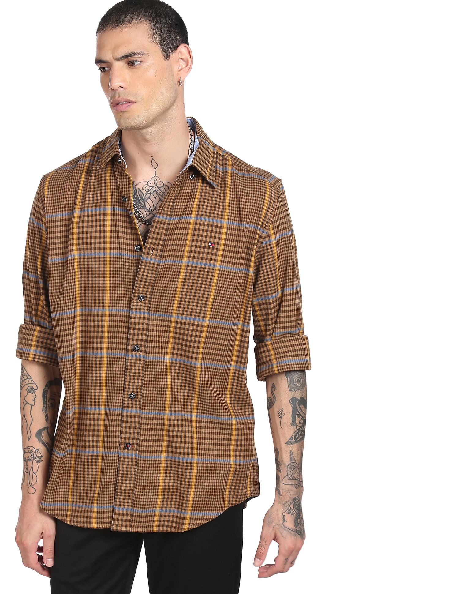 Tommy Hilfiger Men Brown Blakely Glen Check Twill Weave Casual Shirt