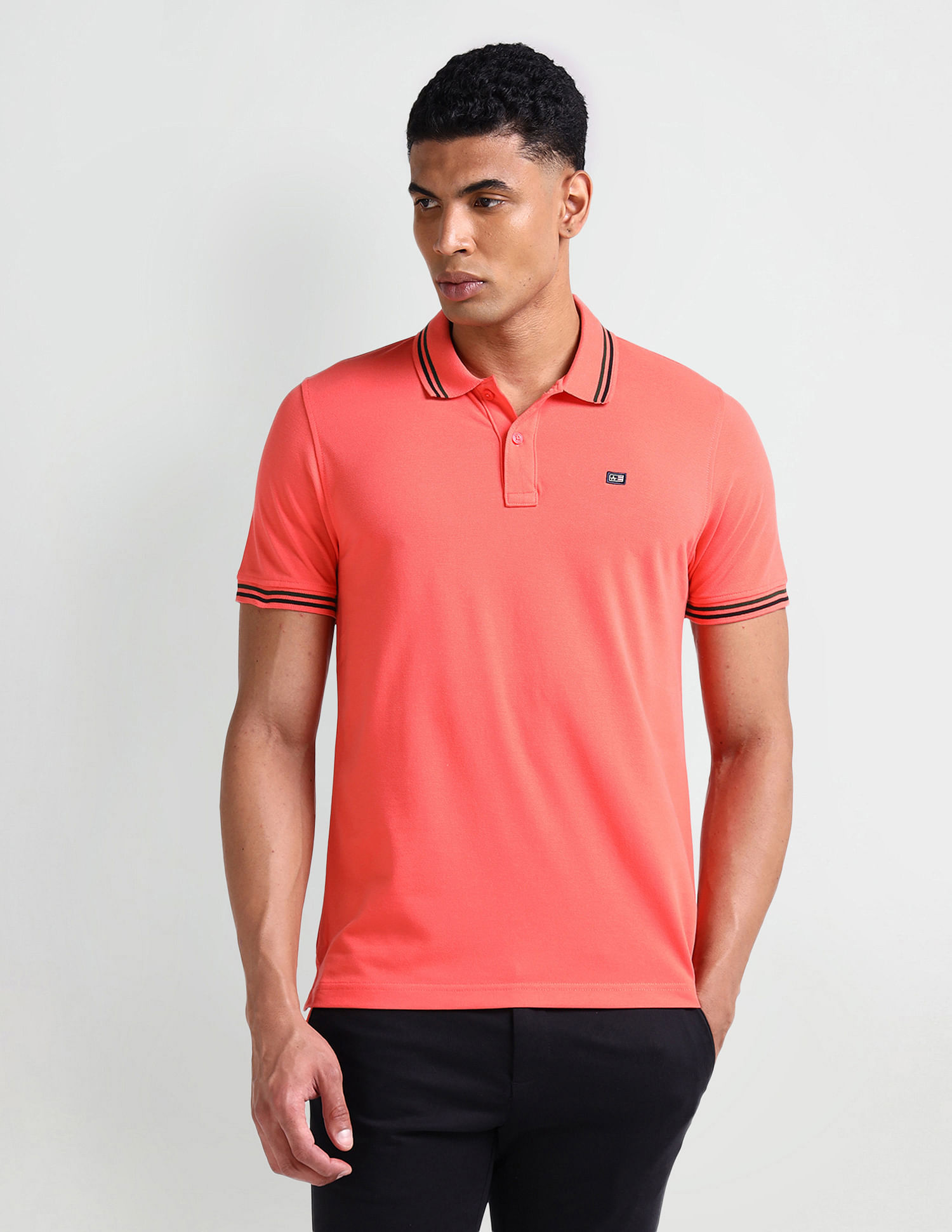 Arrow Sport Striped Collar Solid Polo Shirt