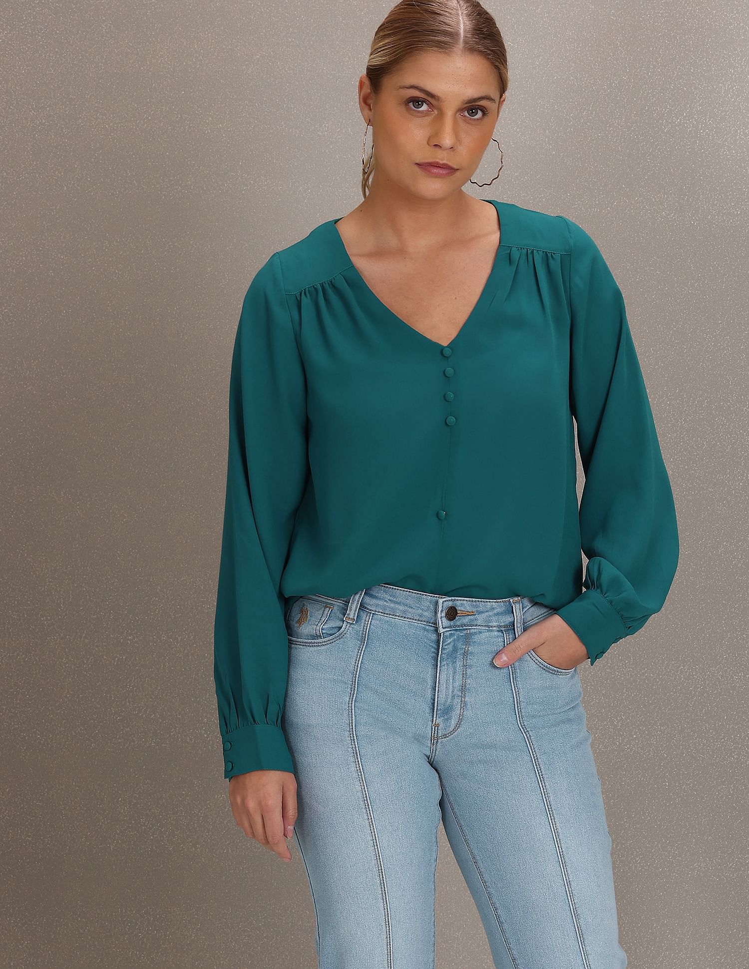 U.S. Polo Assn. Women Mock Button Placket Long Sleeve Top