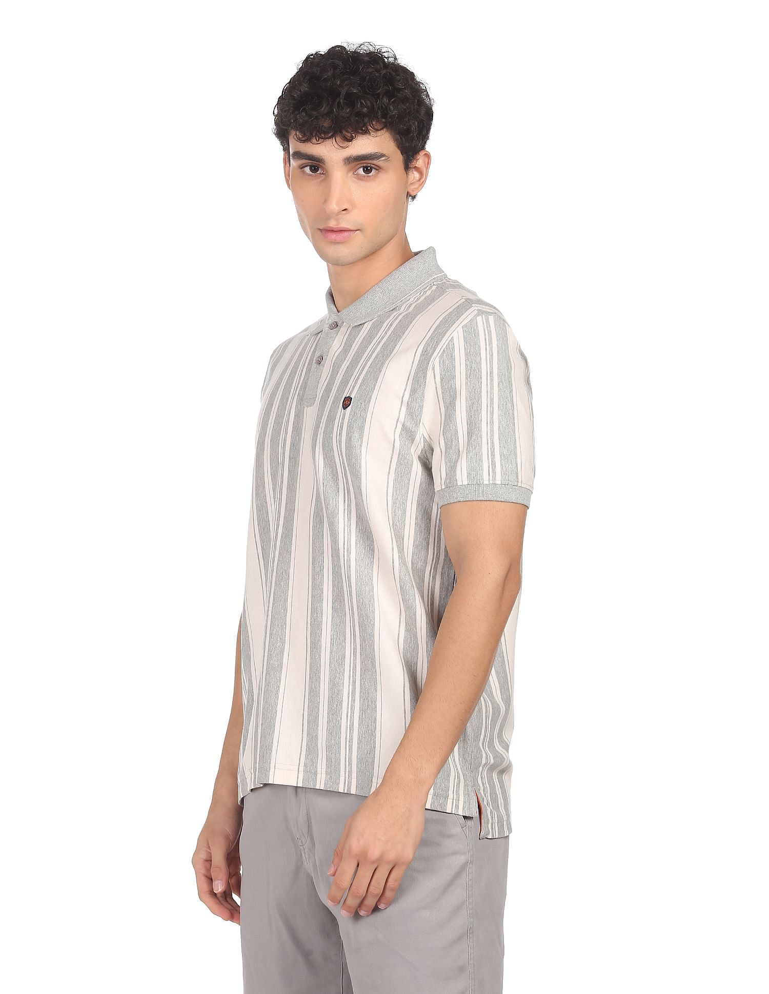 AD by Arvind Cotton Vertical Striped Polo Shirt