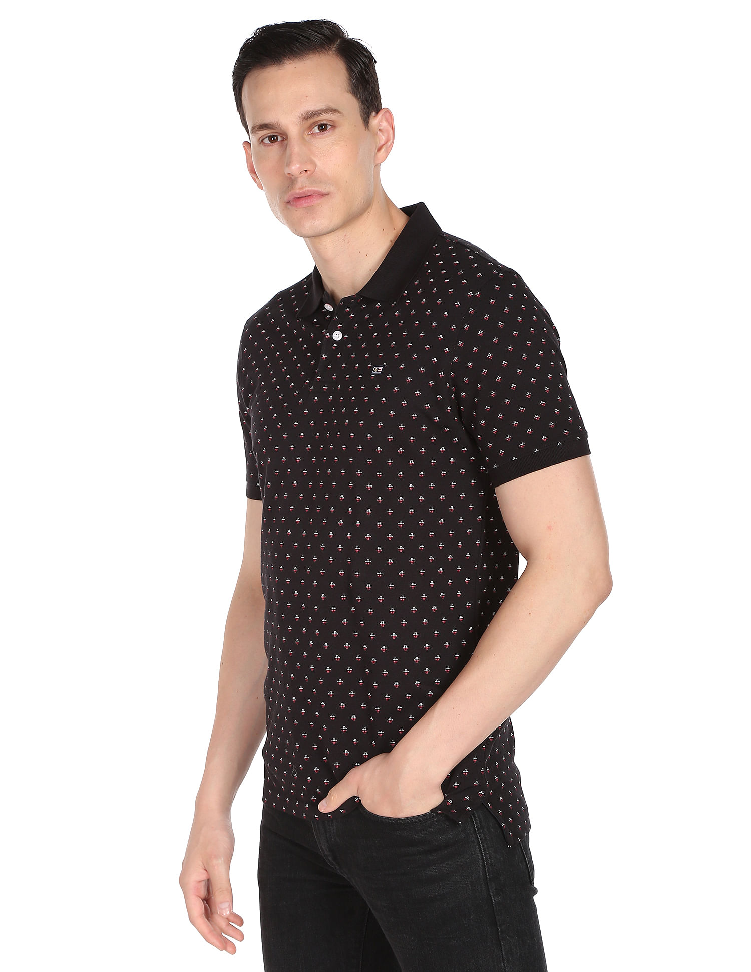 Buy Arrow Sports Men Black Geometric Print Pique Knit Polo Shirt