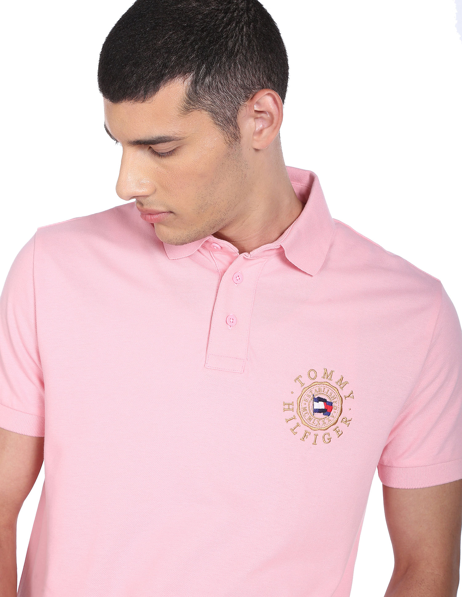 Buy Tommy Hilfiger Men Pink Icon Roundall Logo Embroidered Regular Fit Polo  Shirt 