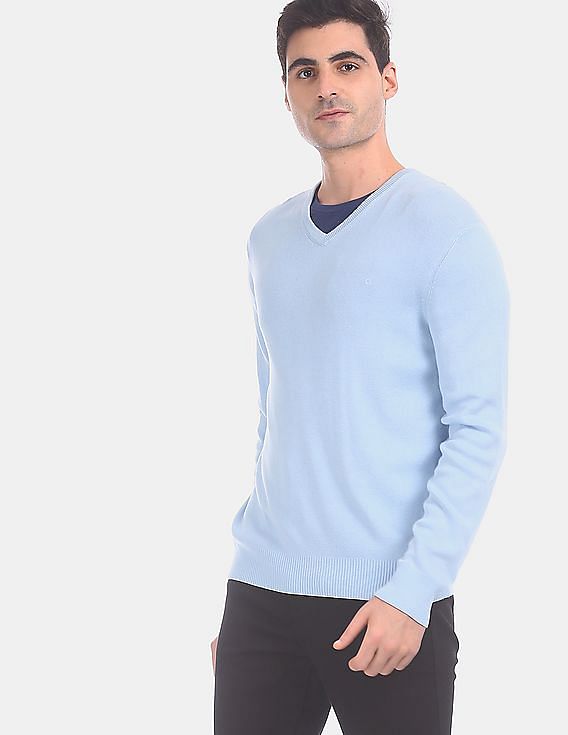 Buy Calvin Klein Men Light Blue V Neck Long Sleeve Cotton Modal Sweater NNNOW
